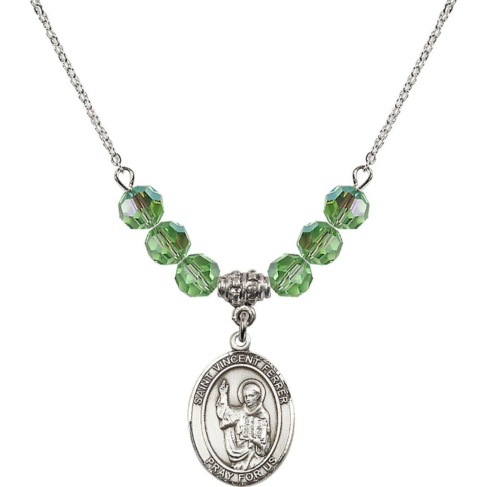 Sterling Silver Saint Vincent Ferrer Birthstone Necklace with Peridot Beads - 8201