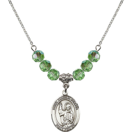 Sterling Silver Saint Vincent Ferrer Birthstone Necklace with Peridot Beads - 8201