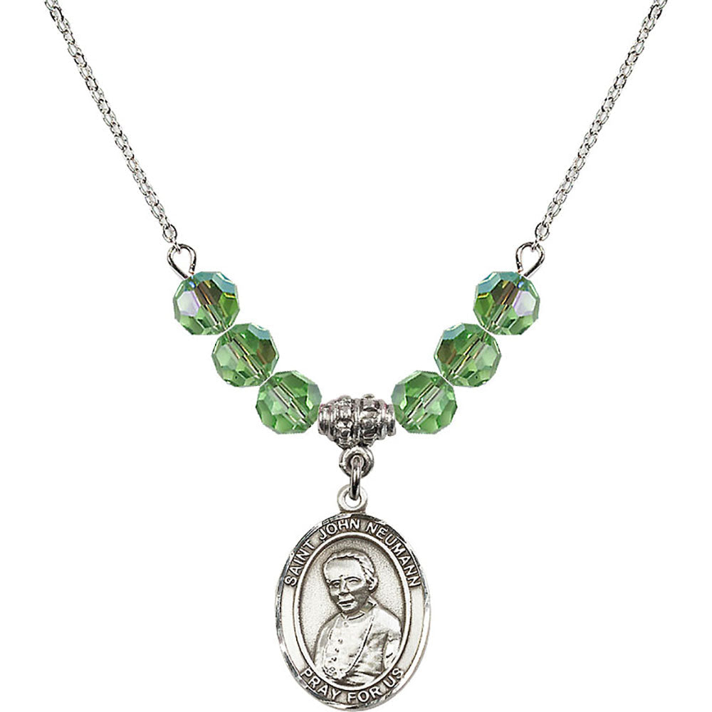 Sterling Silver Saint John Neumann Birthstone Necklace with Peridot Beads - 8204