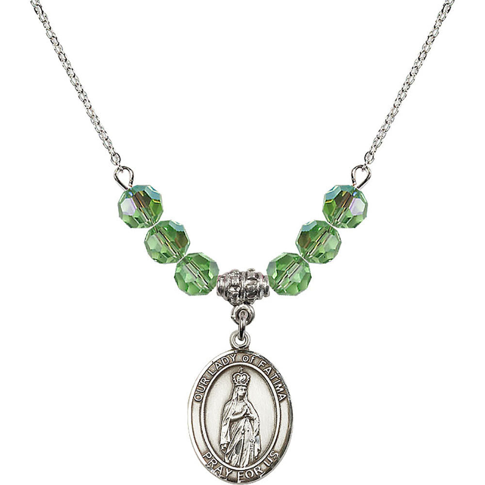 Sterling Silver Our Lady of Fatima Birthstone Necklace with Peridot Beads - 8205