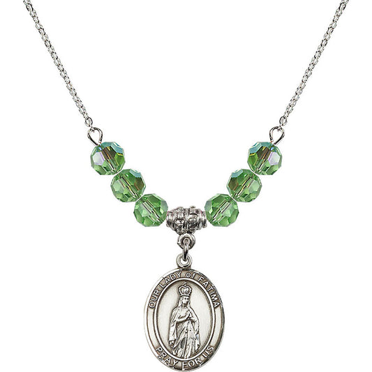 Sterling Silver Our Lady of Fatima Birthstone Necklace with Peridot Beads - 8205
