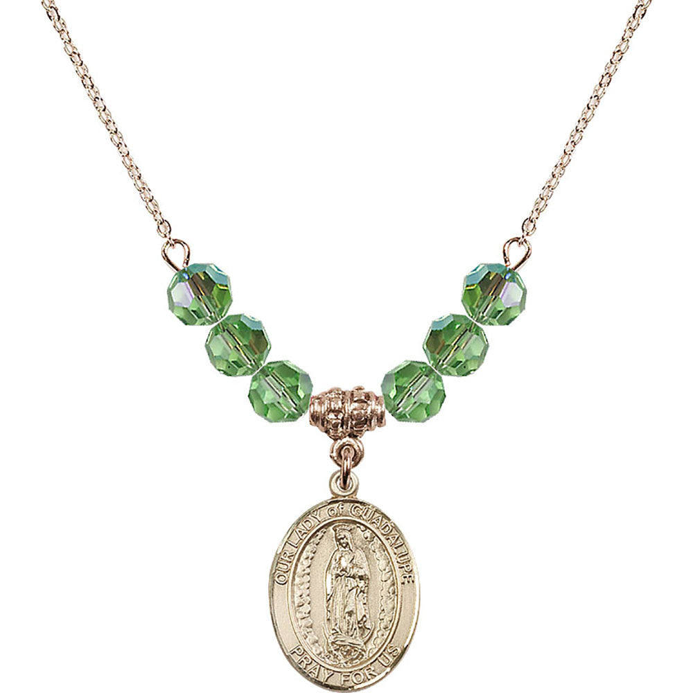 14kt Gold Filled Our Lady of Guadalupe Birthstone Necklace with Peridot Beads - 8206