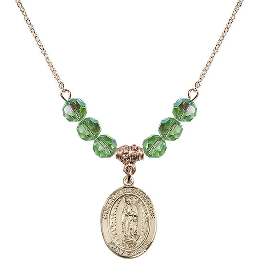14kt Gold Filled Our Lady of Guadalupe Birthstone Necklace with Peridot Beads - 8206