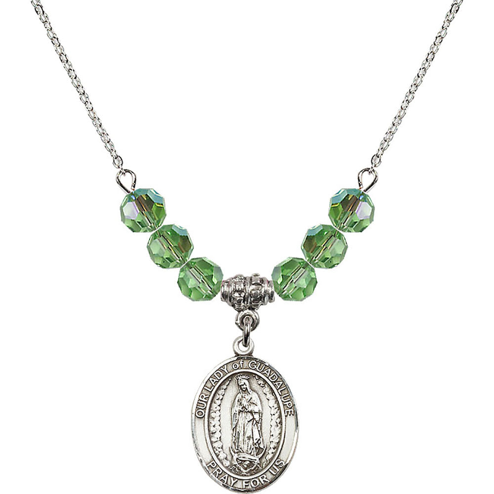 Sterling Silver Our Lady of Guadalupe Birthstone Necklace with Peridot Beads - 8206