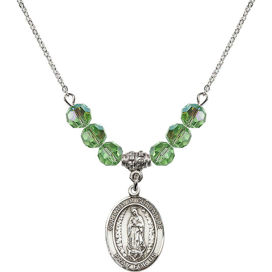 Sterling Silver Our Lady of Guadalupe Birthstone Necklace with Peridot Beads - 8206