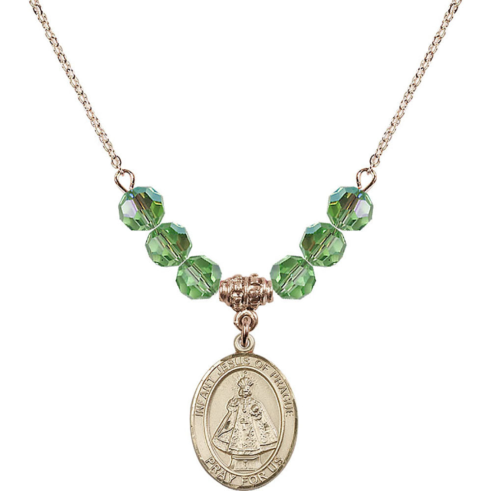 14kt Gold Filled Infant of Prague Birthstone Necklace with Peridot Beads - 8207