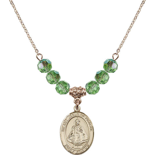 14kt Gold Filled Infant of Prague Birthstone Necklace with Peridot Beads - 8207
