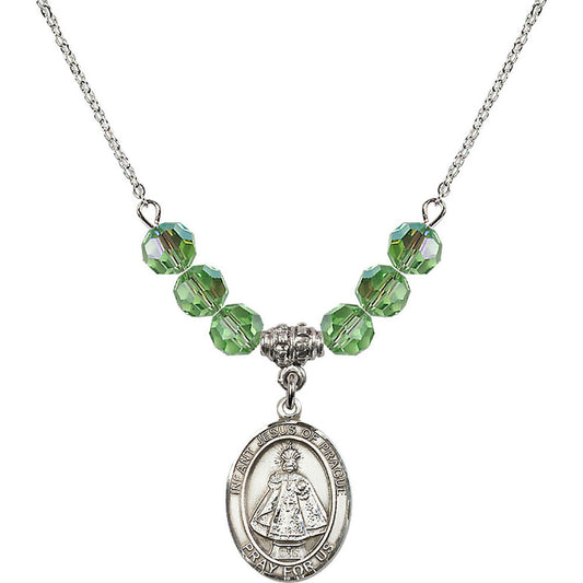 Sterling Silver Infant of Prague Birthstone Necklace with Peridot Beads - 8207