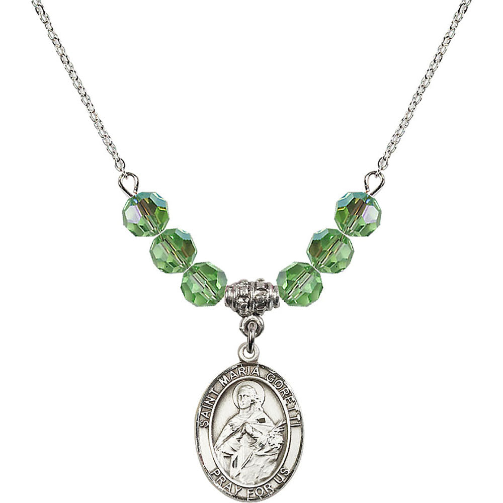 Sterling Silver Saint Maria Goretti Birthstone Necklace with Peridot Beads - 8208