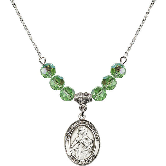 Sterling Silver Saint Maria Goretti Birthstone Necklace with Peridot Beads - 8208