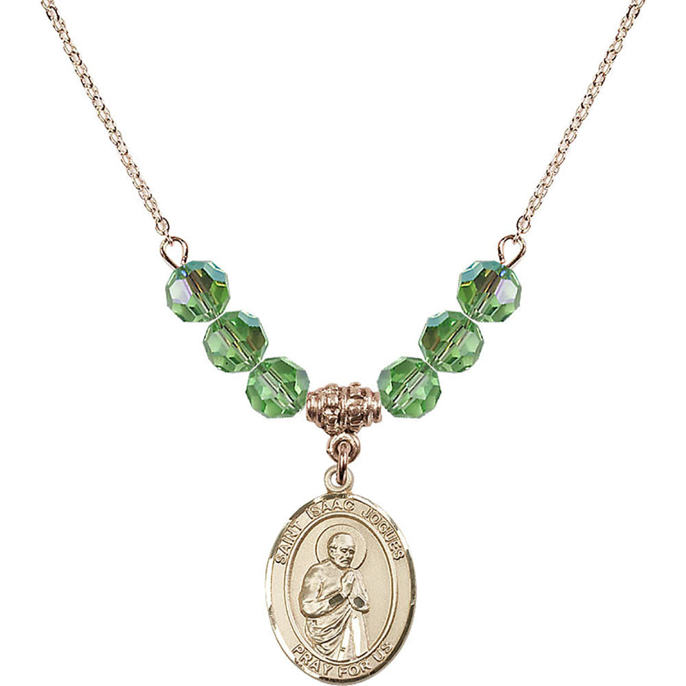 14kt Gold Filled Saint Isaac Jogues Birthstone Necklace with Peridot Beads - 8212