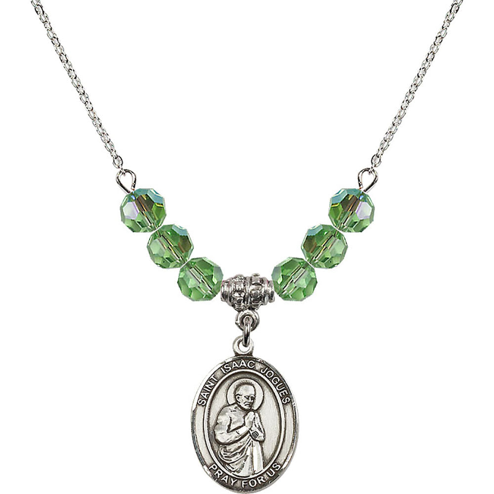 Sterling Silver Saint Isaac Jogues Birthstone Necklace with Peridot Beads - 8212