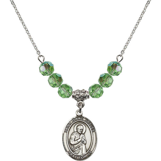Sterling Silver Saint Isaac Jogues Birthstone Necklace with Peridot Beads - 8212