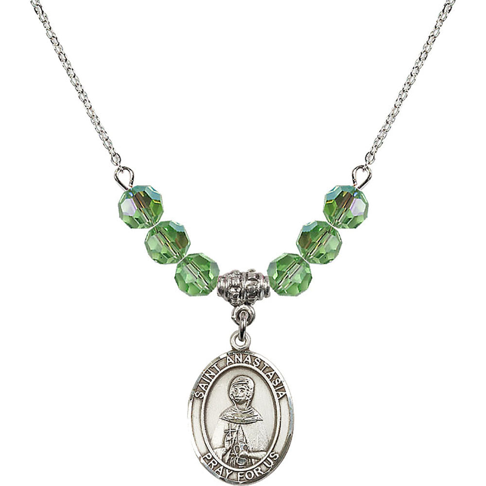 Sterling Silver Saint Anastasia Birthstone Necklace with Peridot Beads - 8213