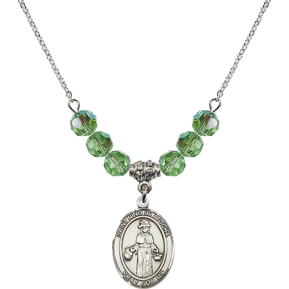 Sterling Silver Saint Nino de Atocha Birthstone Necklace with Peridot Beads - 8214