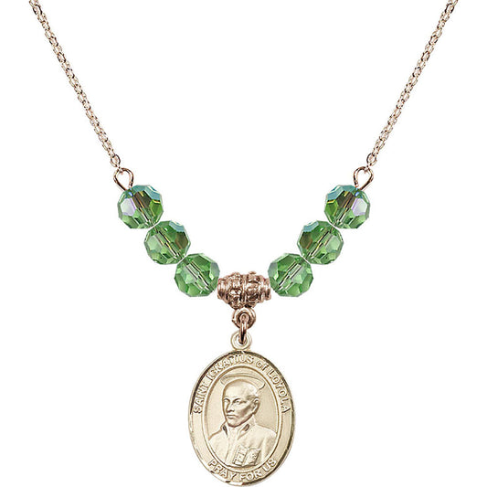 14kt Gold Filled Saint Ignatius of Loyola Birthstone Necklace with Peridot Beads - 8217
