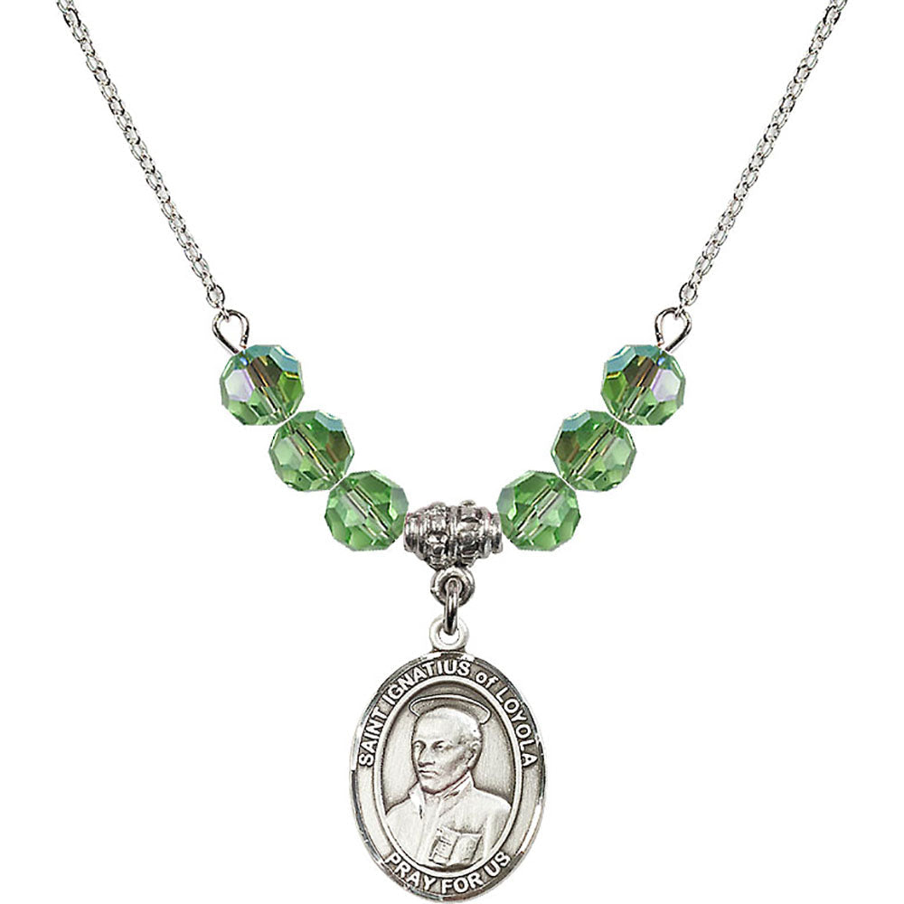 Sterling Silver Saint Ignatius of Loyola Birthstone Necklace with Peridot Beads - 8217