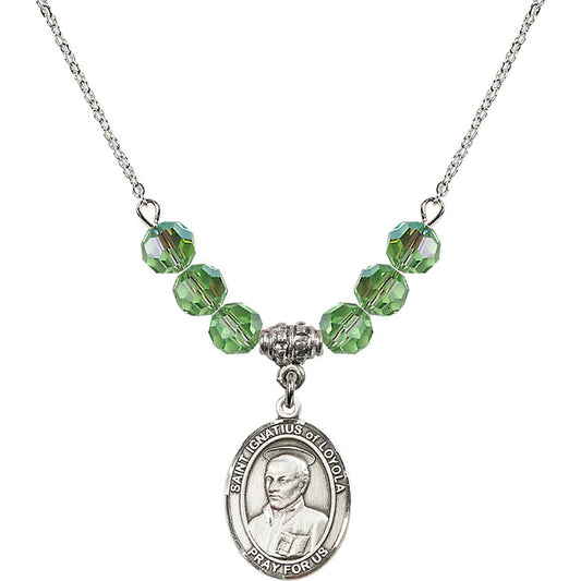 Sterling Silver Saint Ignatius of Loyola Birthstone Necklace with Peridot Beads - 8217