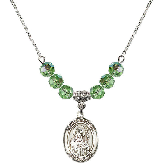 Sterling Silver Saint Gertrude of Nivelles Birthstone Necklace with Peridot Beads - 8219