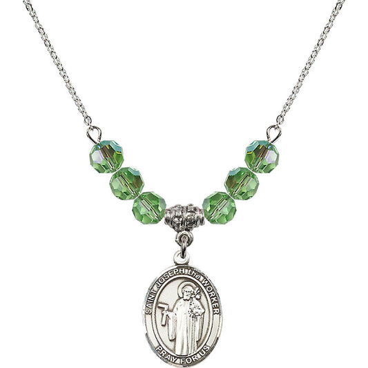 Sterling Silver Saint Joseph the Worker Birthstone Necklace with Peridot Beads - 8220