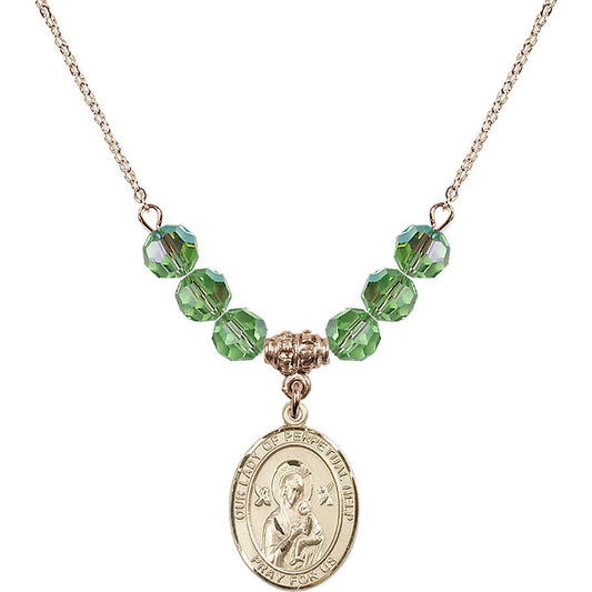 14kt Gold Filled Our Lady of Perpetual Help Birthstone Necklace with Peridot Beads - 8222