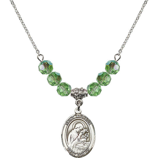 Sterling Silver Saint Aloysius Gonzaga Birthstone Necklace with Peridot Beads - 8225