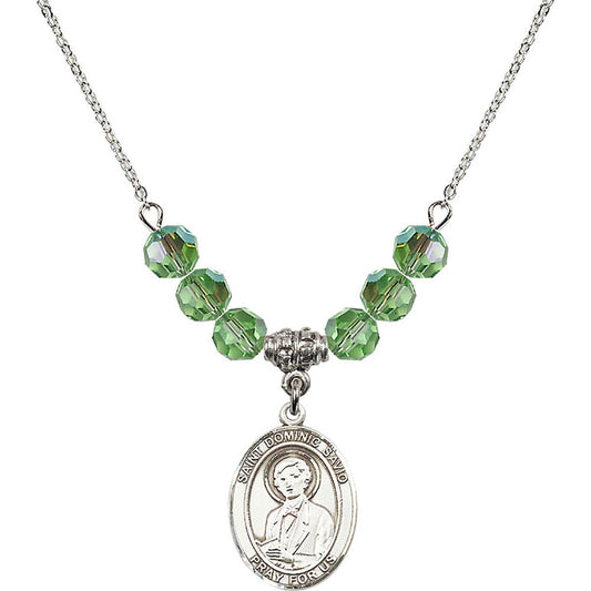 Sterling Silver Saint Dominic Savio Birthstone Necklace with Peridot Beads - 8227