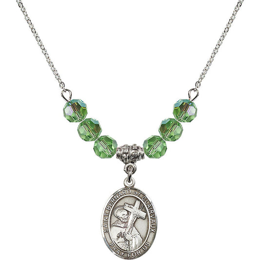 Sterling Silver Saint Bernard of Clairvaux Birthstone Necklace with Peridot Beads - 8233