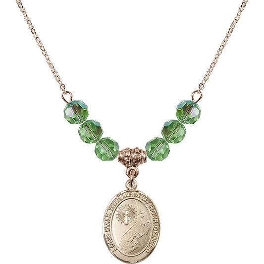 14kt Gold Filled Footprints / Cross Birthstone Necklace with Peridot Beads - 8237