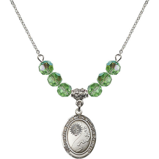 Sterling Silver Footprints / Cross Birthstone Necklace with Peridot Beads - 8237