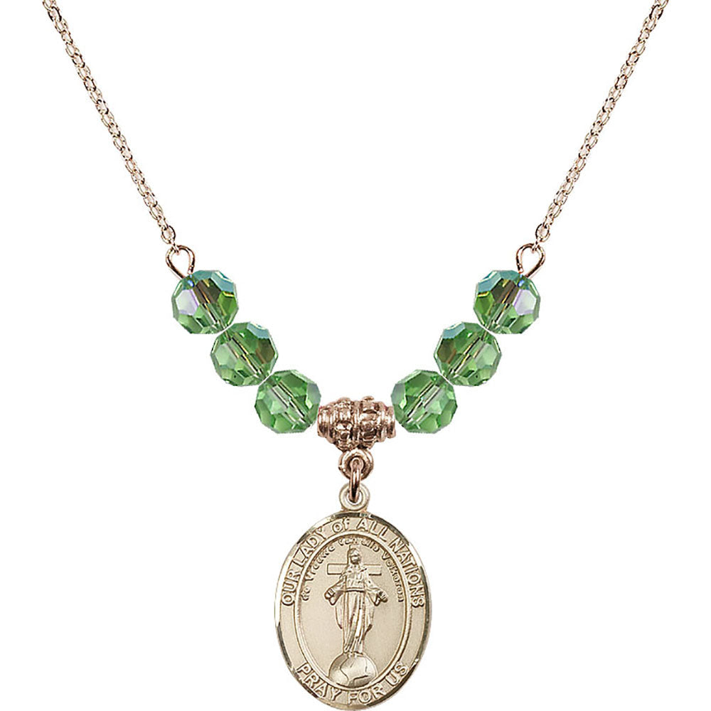14kt Gold Filled Our Lady of All Nations Birthstone Necklace with Peridot Beads - 8242