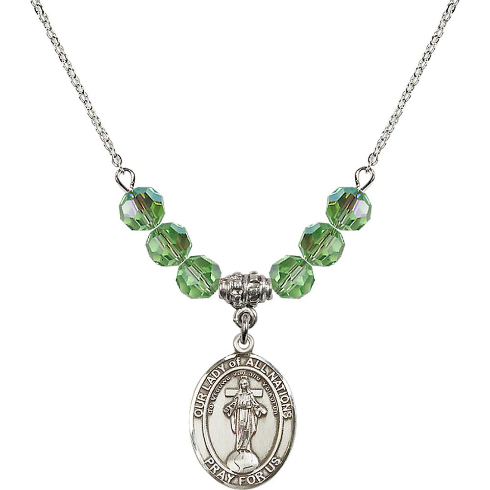 Sterling Silver Our Lady of All Nations Birthstone Necklace with Peridot Beads - 8242