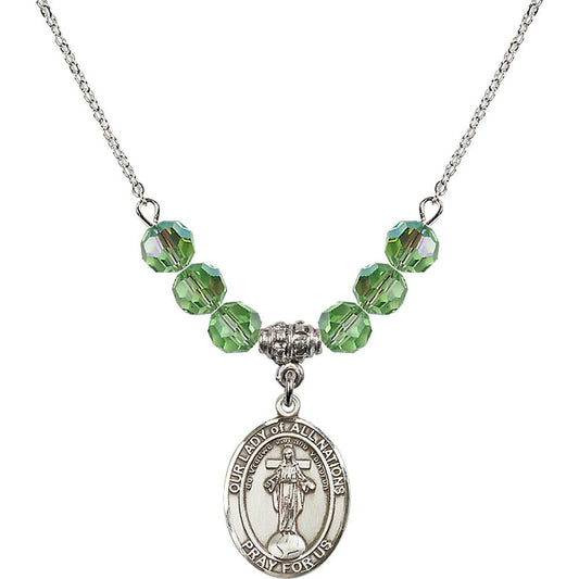 Sterling Silver Our Lady of All Nations Birthstone Necklace with Peridot Beads - 8242