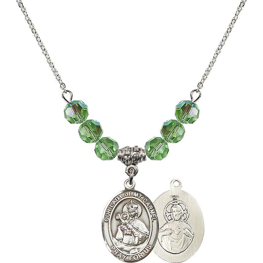 Sterling Silver Our Lady of Mount Carmel Birthstone Necklace with Peridot Beads - 8243