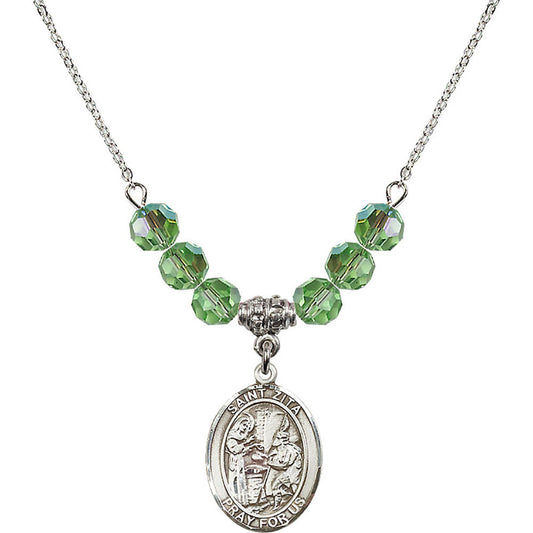 Sterling Silver Saint Zita Birthstone Necklace with Peridot Beads - 8244