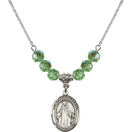 Sterling Silver Our Lady of Peace Birthstone Necklace with Peridot Beads - 8245