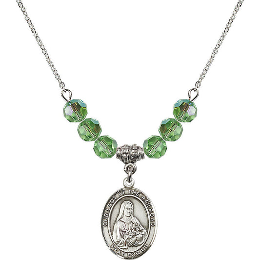 Sterling Silver Our Lady of the Railroad Birthstone Necklace with Peridot Beads - 8247