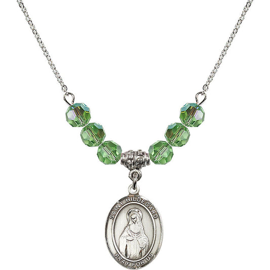 Sterling Silver Saint Hildegard von Bingen Birthstone Necklace with Peridot Beads - 8260