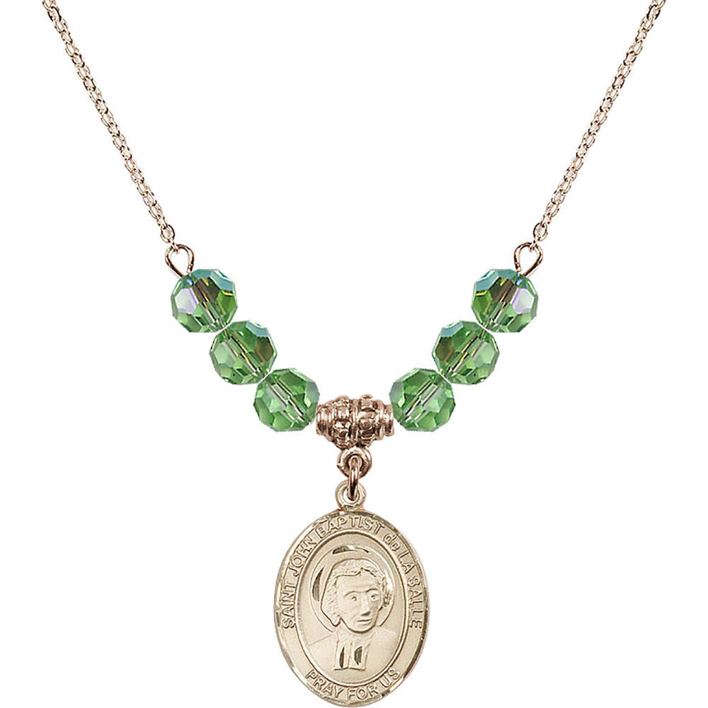 14kt Gold Filled Saint John Baptist de la Salle Birthstone Necklace with Peridot Beads - 8262