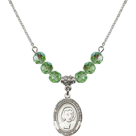 Sterling Silver Saint John Baptist de la Salle Birthstone Necklace with Peridot Beads - 8262