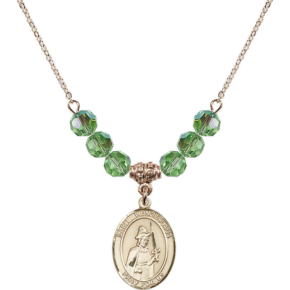 14kt Gold Filled Saint Wenceslaus Birthstone Necklace with Peridot Beads - 8273
