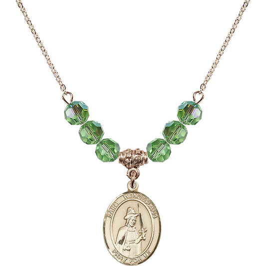 14kt Gold Filled Saint Wenceslaus Birthstone Necklace with Peridot Beads - 8273