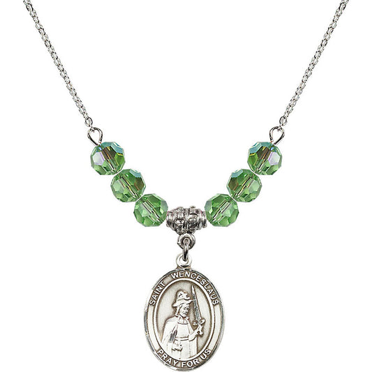 Sterling Silver Saint Wenceslaus Birthstone Necklace with Peridot Beads - 8273