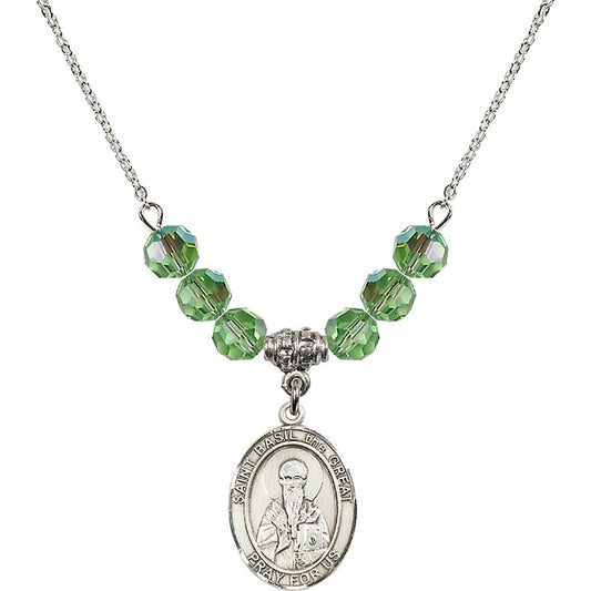 Sterling Silver Saint Basil the Great Birthstone Necklace with Peridot Beads - 8275