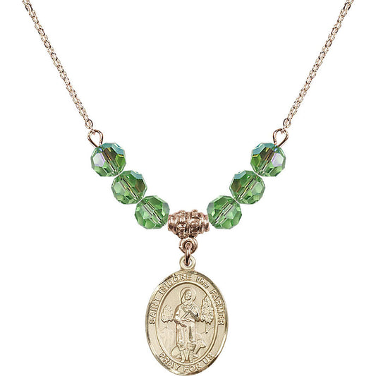 14kt Gold Filled Saint Isidore the Farmer Birthstone Necklace with Peridot Beads - 8276