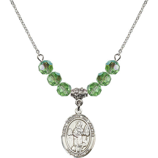 Sterling Silver Saint Isidore the Farmer Birthstone Necklace with Peridot Beads - 8276