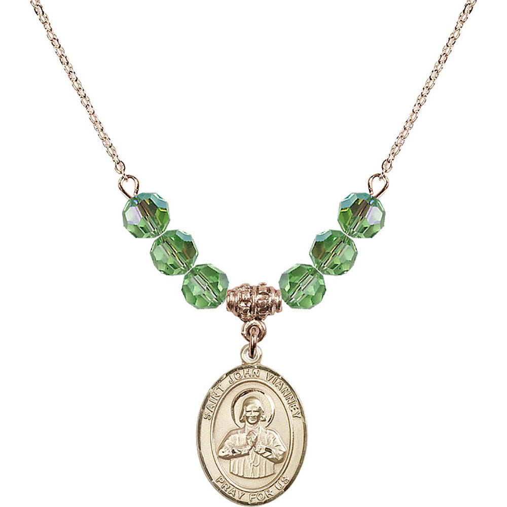 14kt Gold Filled Saint John Vianney Birthstone Necklace with Peridot Beads - 8282