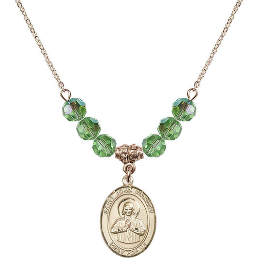 14kt Gold Filled Saint John Vianney Birthstone Necklace with Peridot Beads - 8282