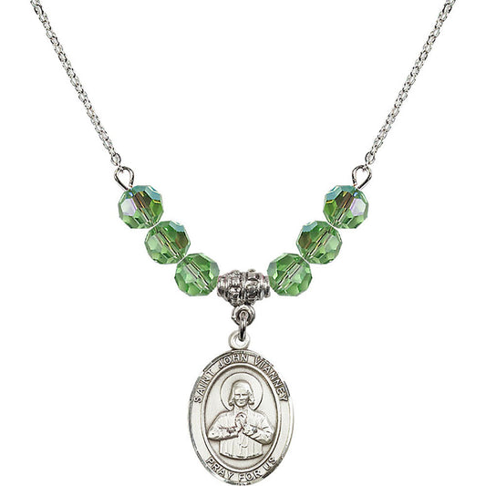 Sterling Silver Saint John Vianney Birthstone Necklace with Peridot Beads - 8282