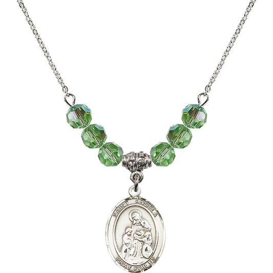 Sterling Silver Saint Angela Merici Birthstone Necklace with Peridot Beads - 8284